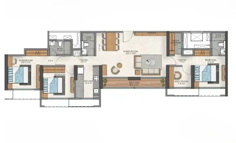 Ashar Pulse 3.5 BHK Duo Royale Floor Plan 1091 sqft Majiwada Thane
