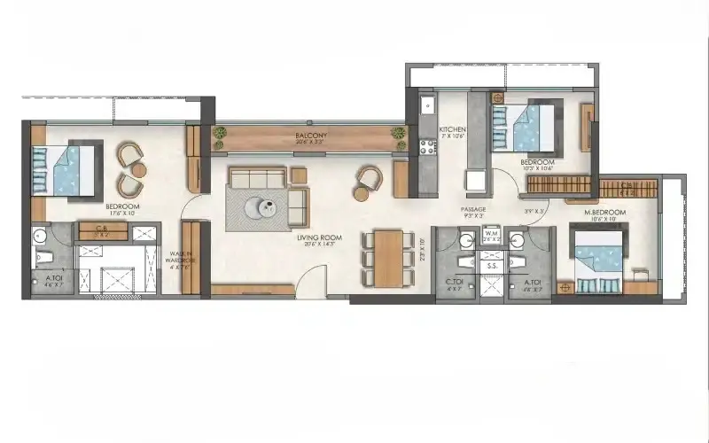 Ashar Pulse 3 BHK Duo Grand Floor Plan 1091 sqft Majiwada Thane